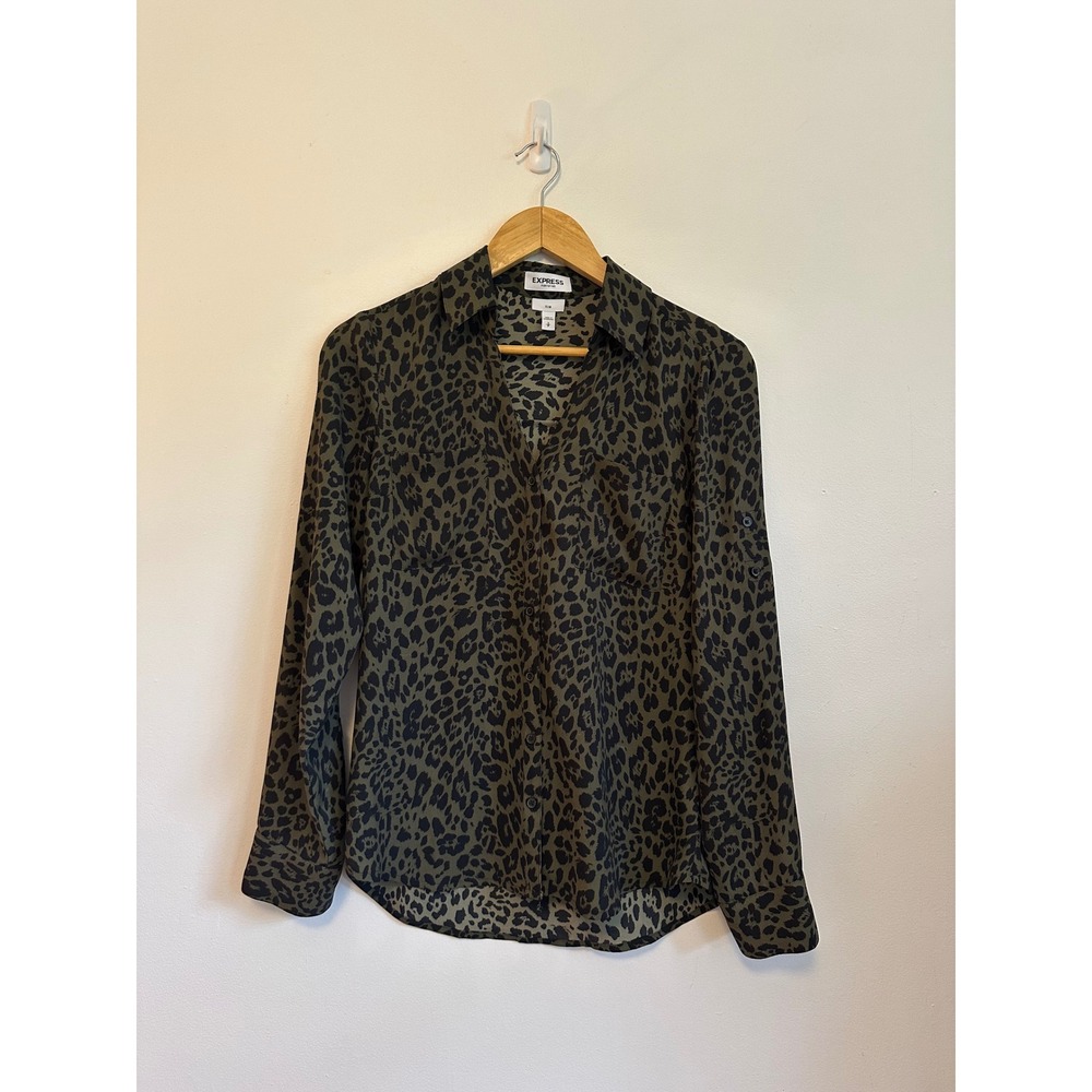 Express Portofino Slim Fit Leopard Print Button Down Shirt - Olive Green | Small